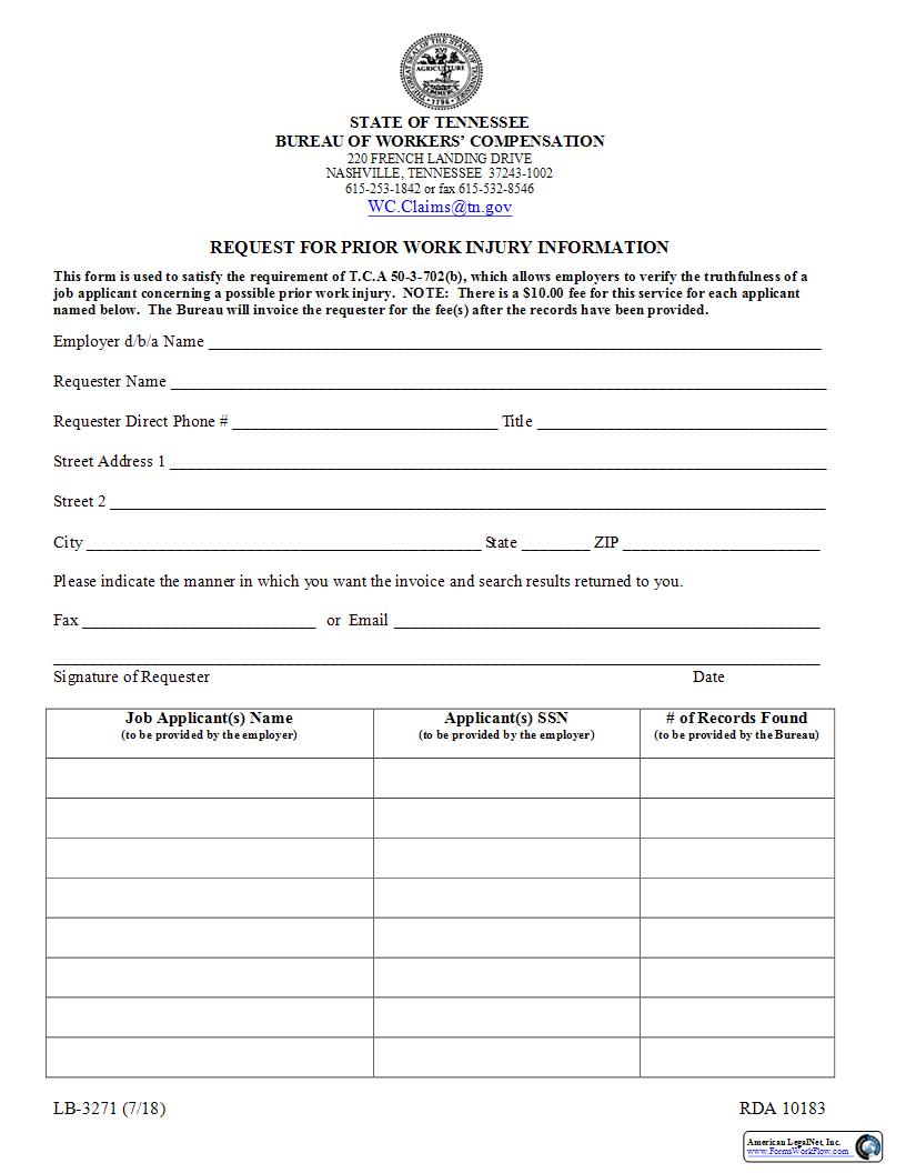 Request For Prior Work Injury Info {LB-3271} | Pdf Fpdf Docx | Tennessee