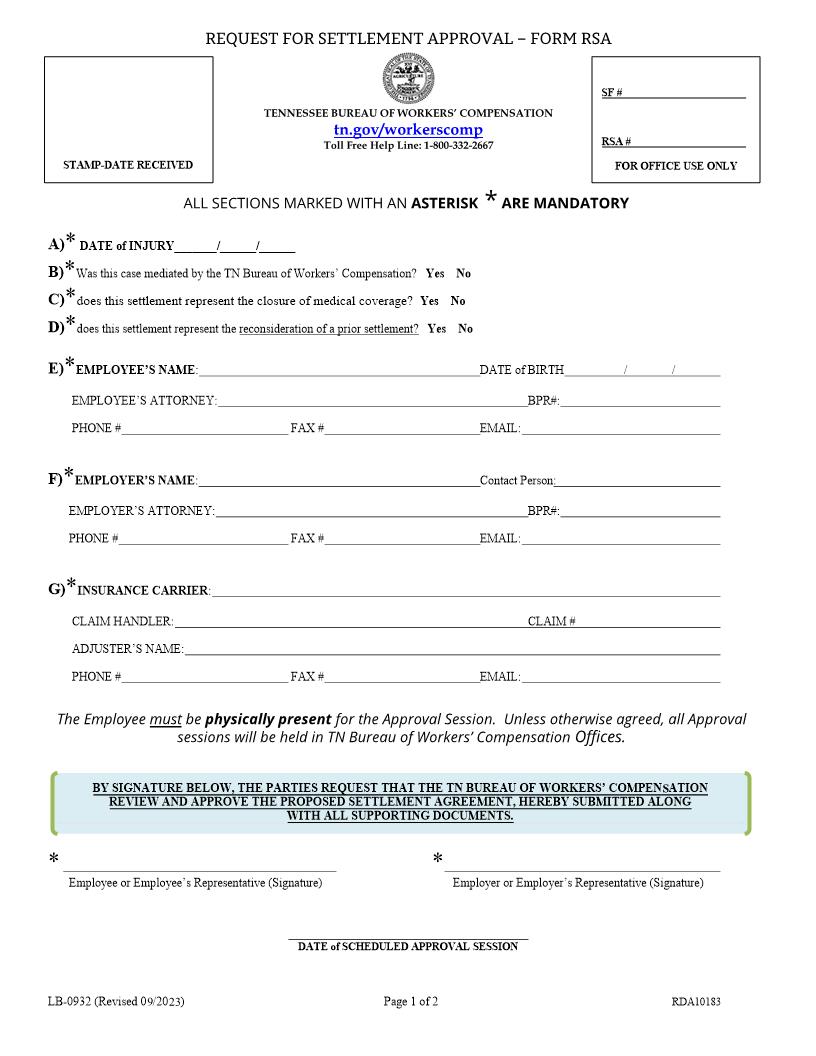 Request For Settlement Approval {LB-0932} | Pdf Fpdf Docx | Tennessee