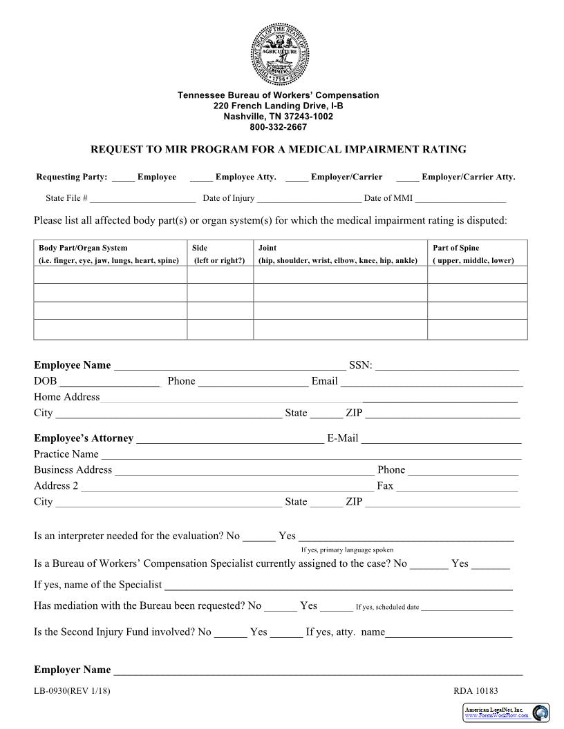 Request To MIR Program For A Medical Impairment Rating {LB-0930} | Pdf Fpdf Docx | Tennessee