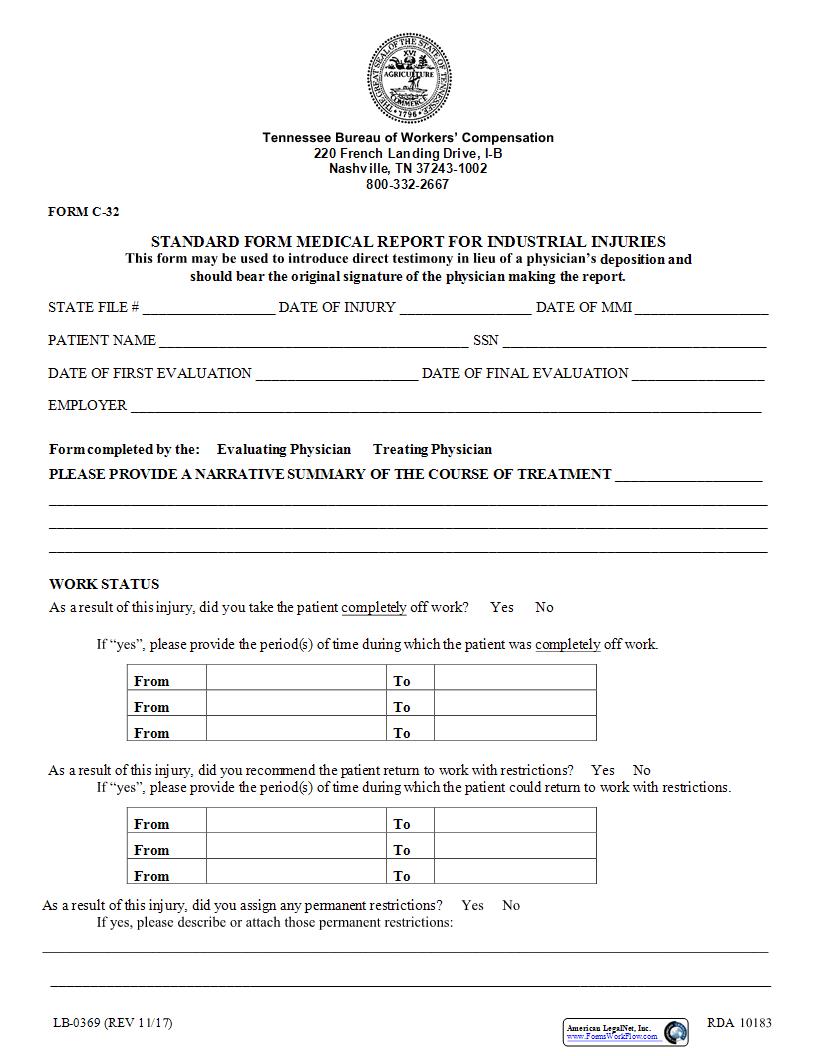 Standard Form Medical Report For Industrial Injuries {C-32} | Pdf Fpdf Docx | Tennessee