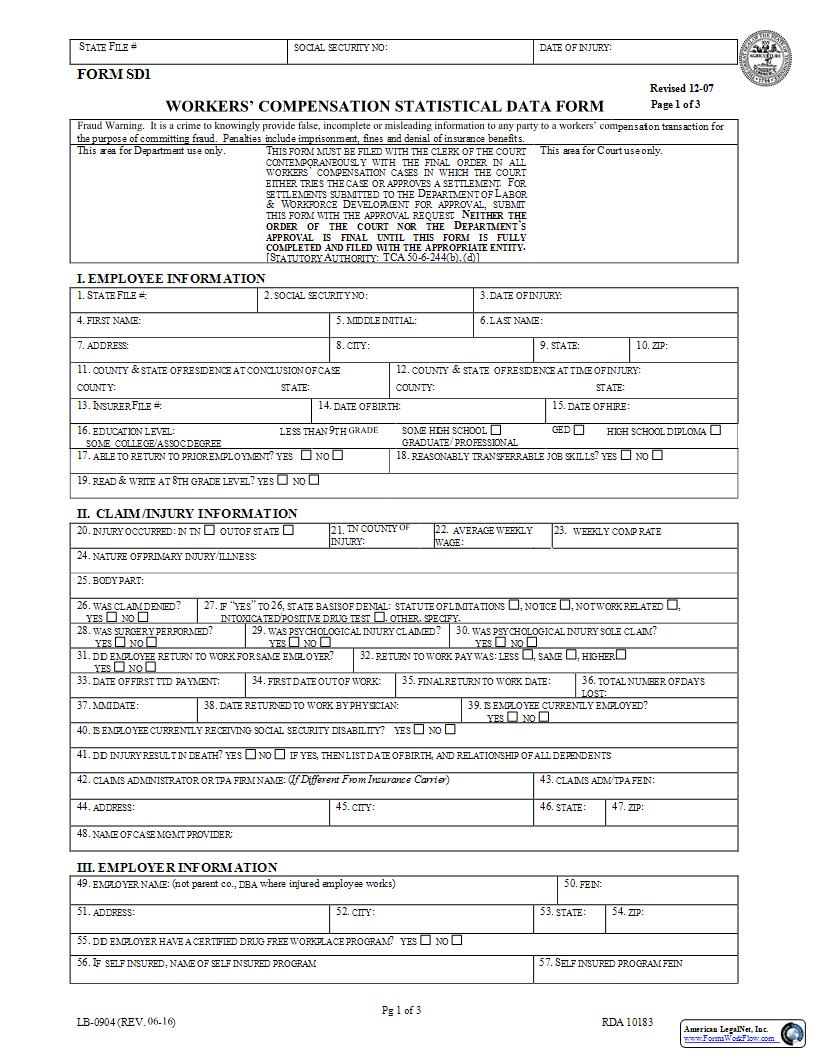 Statistical Data Form {LB-0904} | Pdf Fpdf Docx | Tennessee