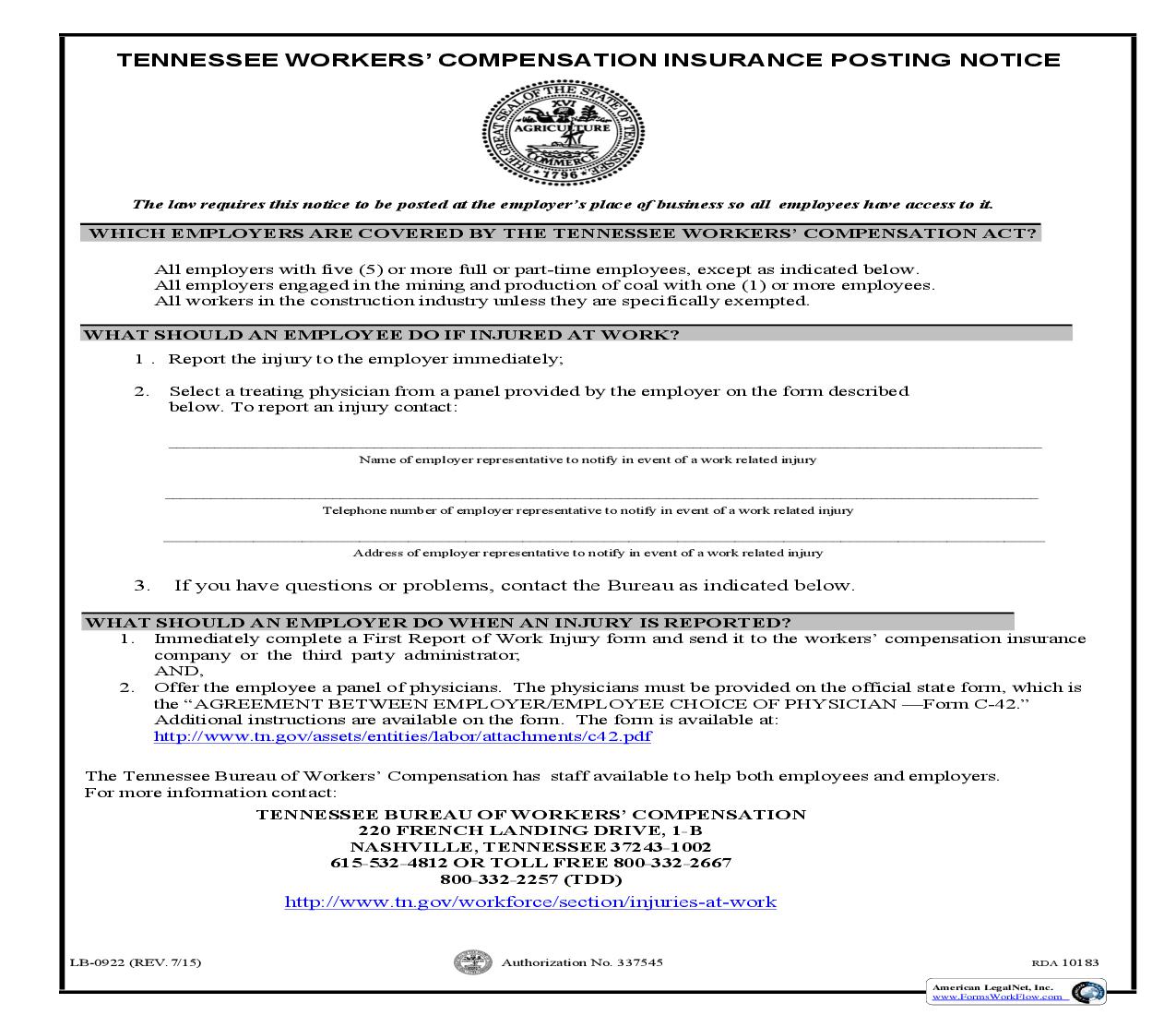 Tennessee Workers Compensation Posting Notice {LB-0922} | Pdf Fpdf Doc Docx | Tennessee