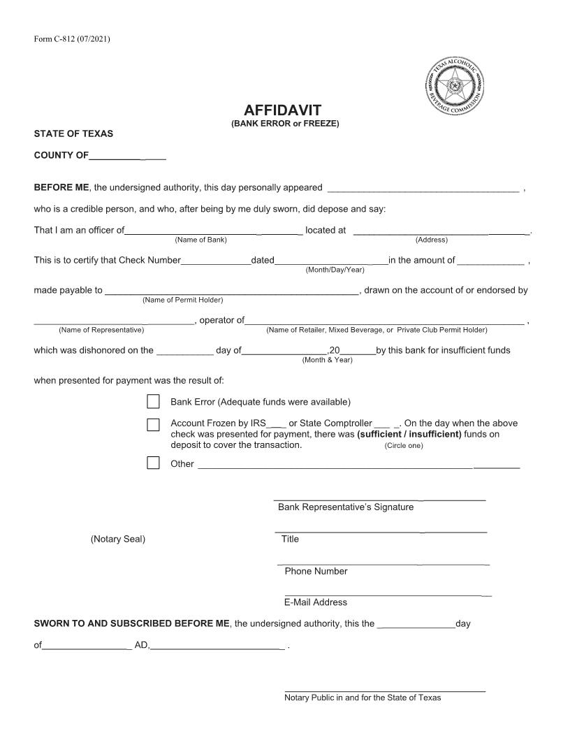 Affidavit (Bank Error Or Freeze) {C-812} | Pdf Fpdf Docx | Texas