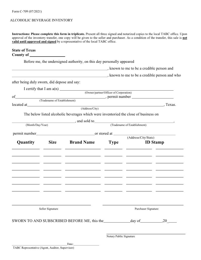 Alcoholic Beverage Inventory {C-709}} | Pdf Fpdf Docx | Texas