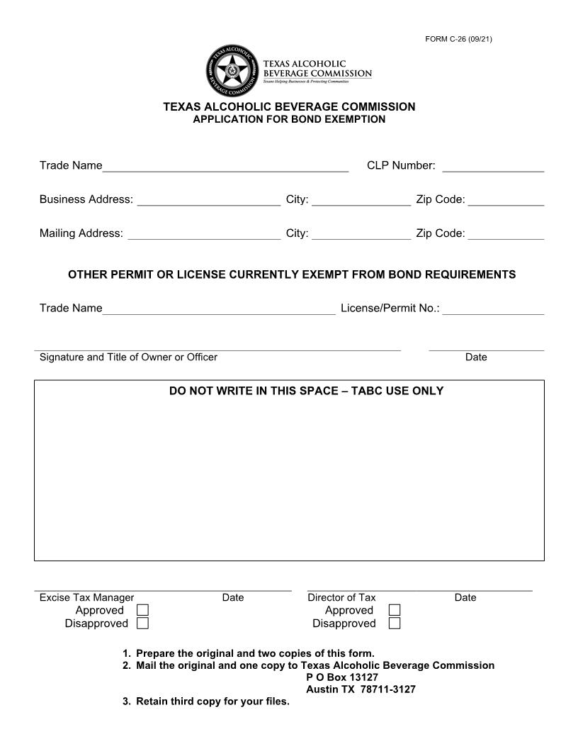 Application For Bond Exemption {C-26} | Pdf Fpdf Docx | Texas
