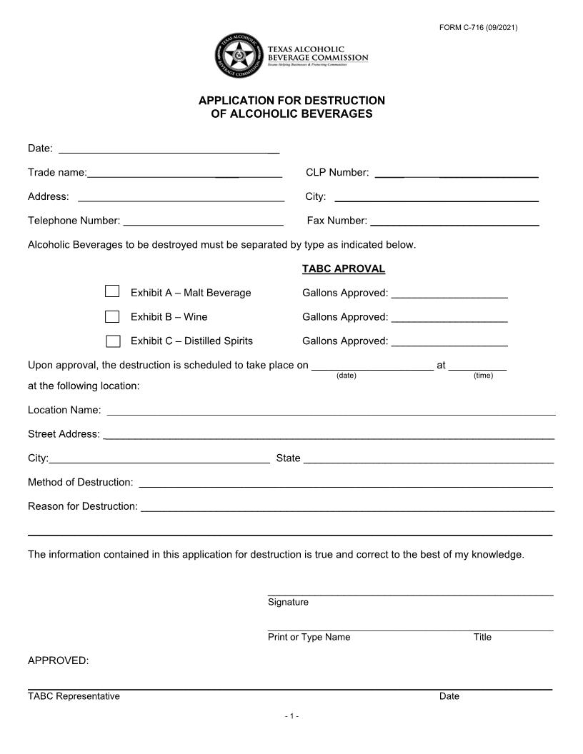 Application For Destruction Of Alcohol Beverages {C-716} | Pdf Fpdf Docx | Texas