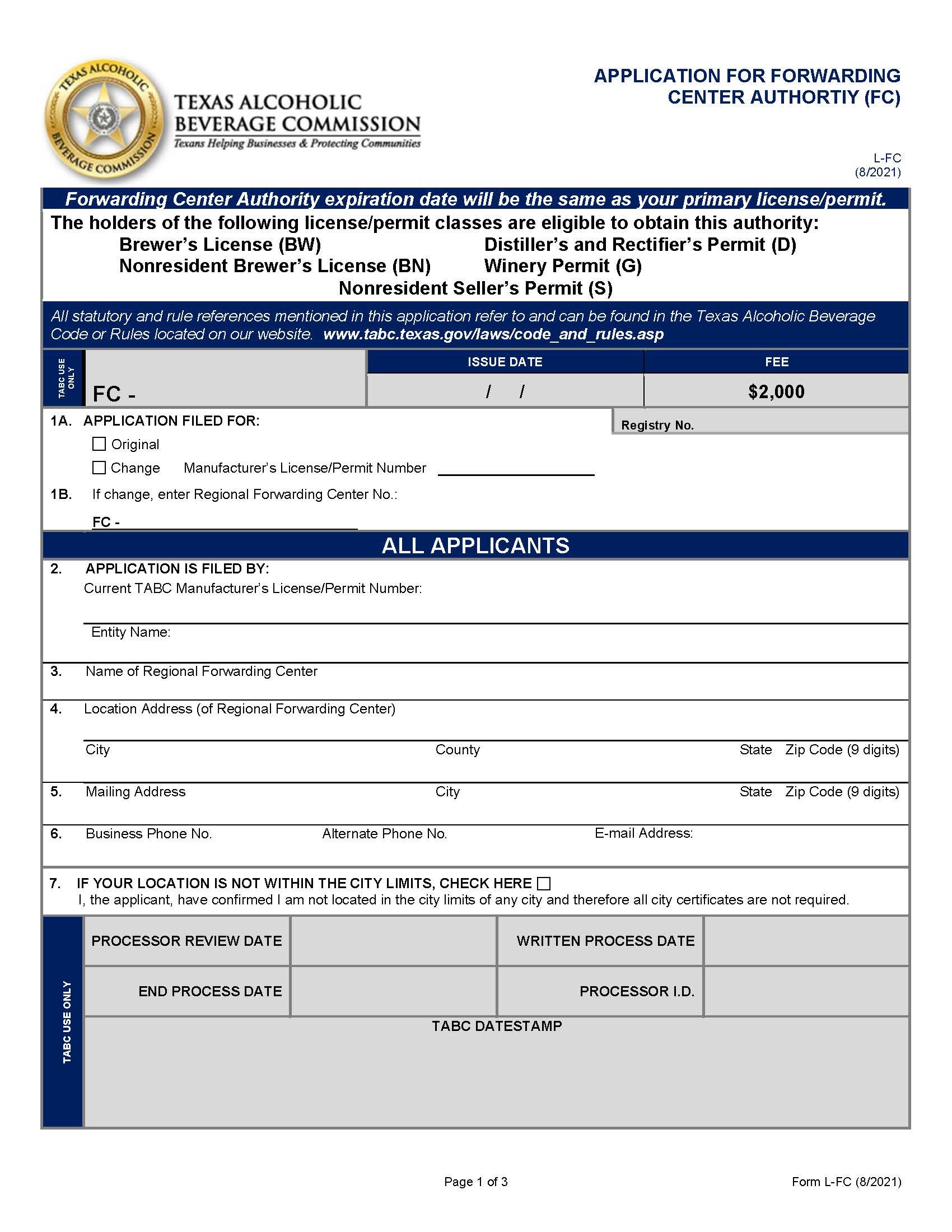 Application For Forwarding Center Authority {L-FC} | Pdf Fpdf Docx | Texas