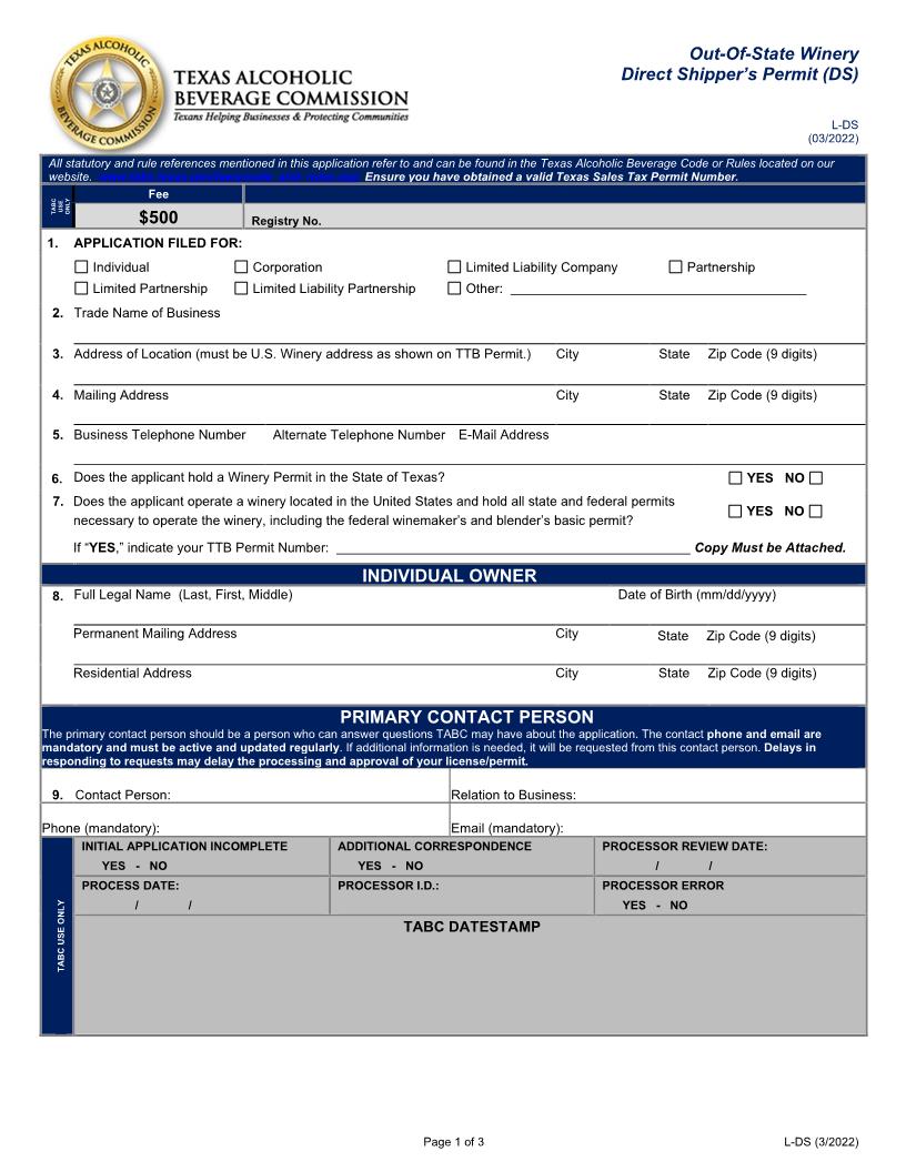 Application For Out-Of-State Winery Direct Shippers Permit {L-DS} | Pdf Fpdf Docx | Texas