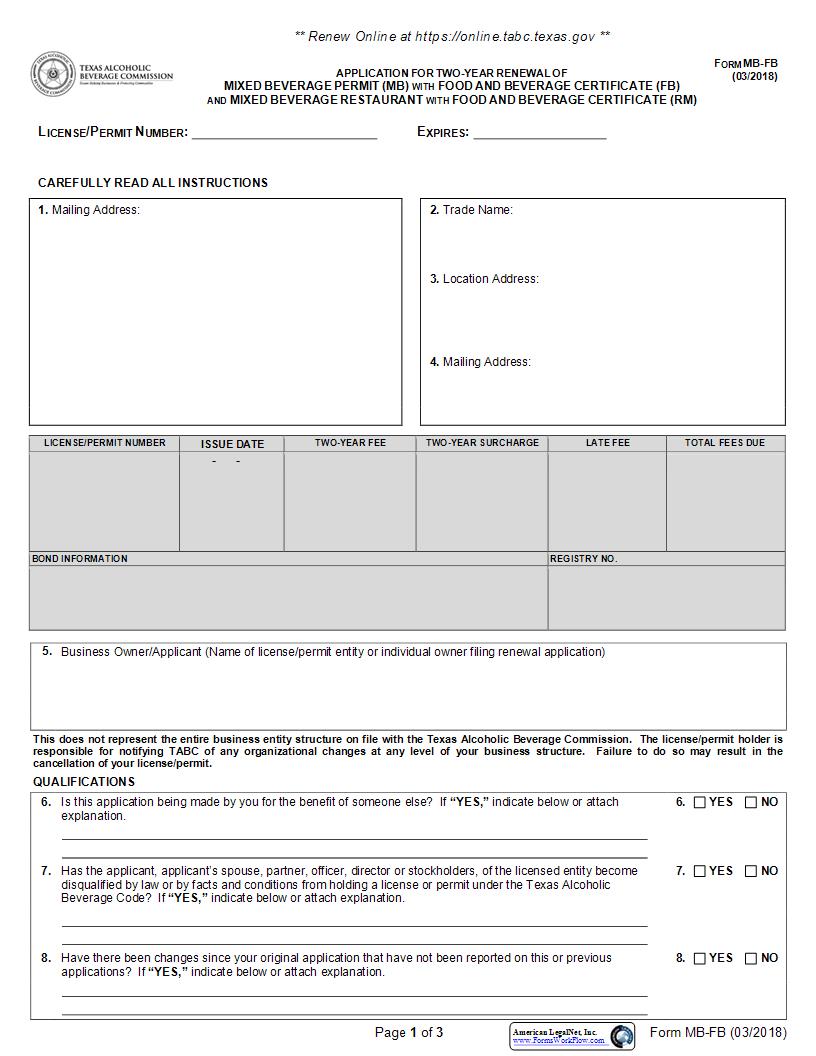 Application For Two Year Renewal Of Mixed Beverage Permit (Food And Beverage){MB-FB} | Pdf Fpdf Docx | Texas