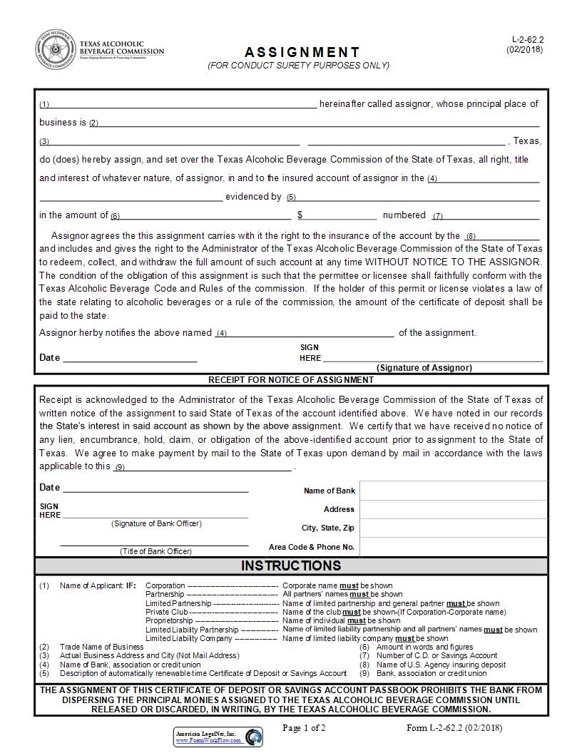 Assignment (For Conduct Surety Purposes Only) {2-62.2} | Pdf Fpdf Docx | Texas