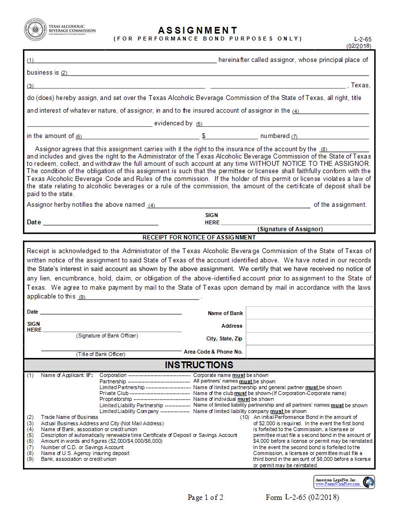 Assignment (For Performance Bond Purposes Only) {2-65} | Pdf Fpdf Docx | Texas