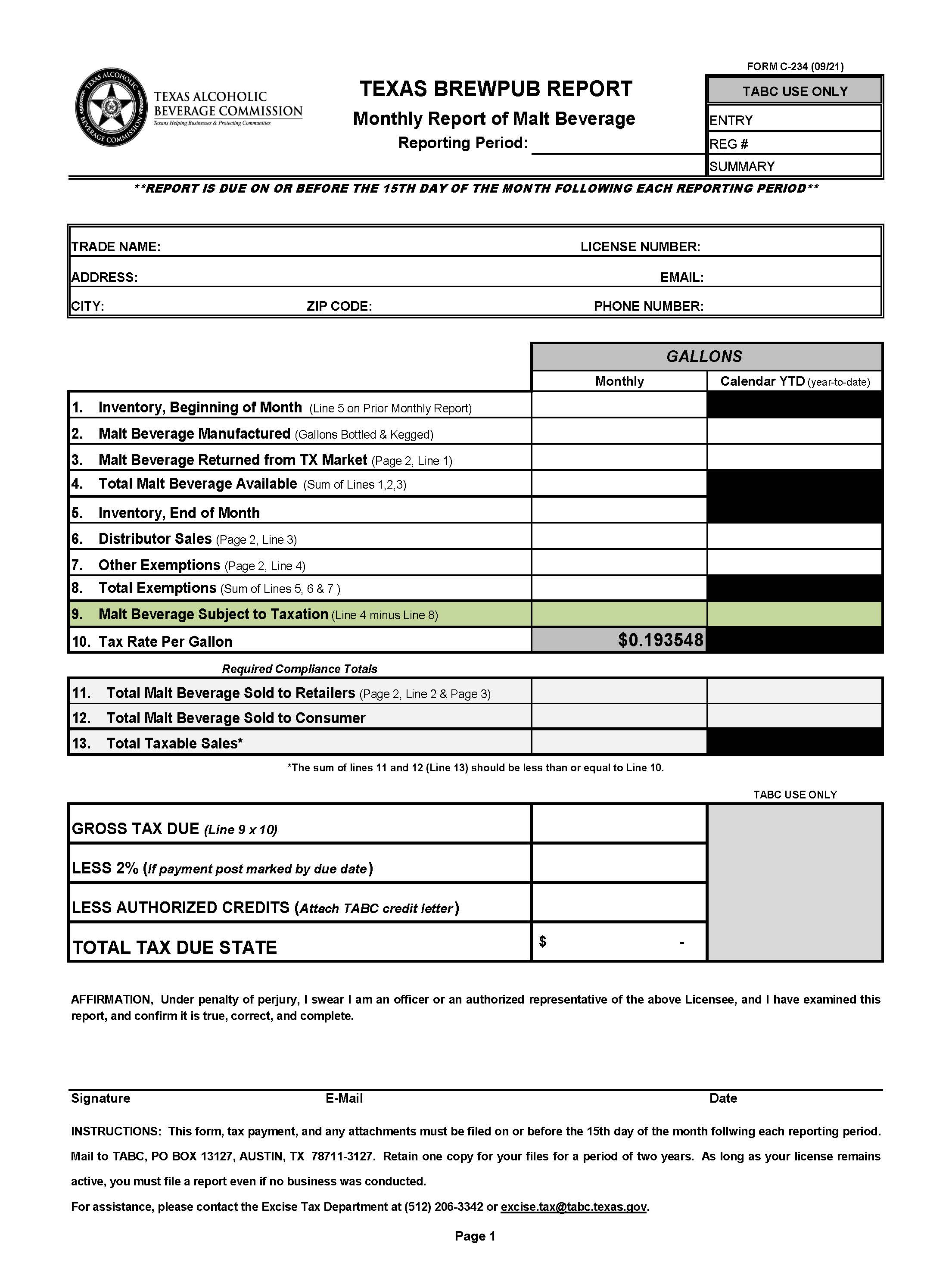 Brewpub Report {C-234} | Pdf Fpdf Docx | Texas