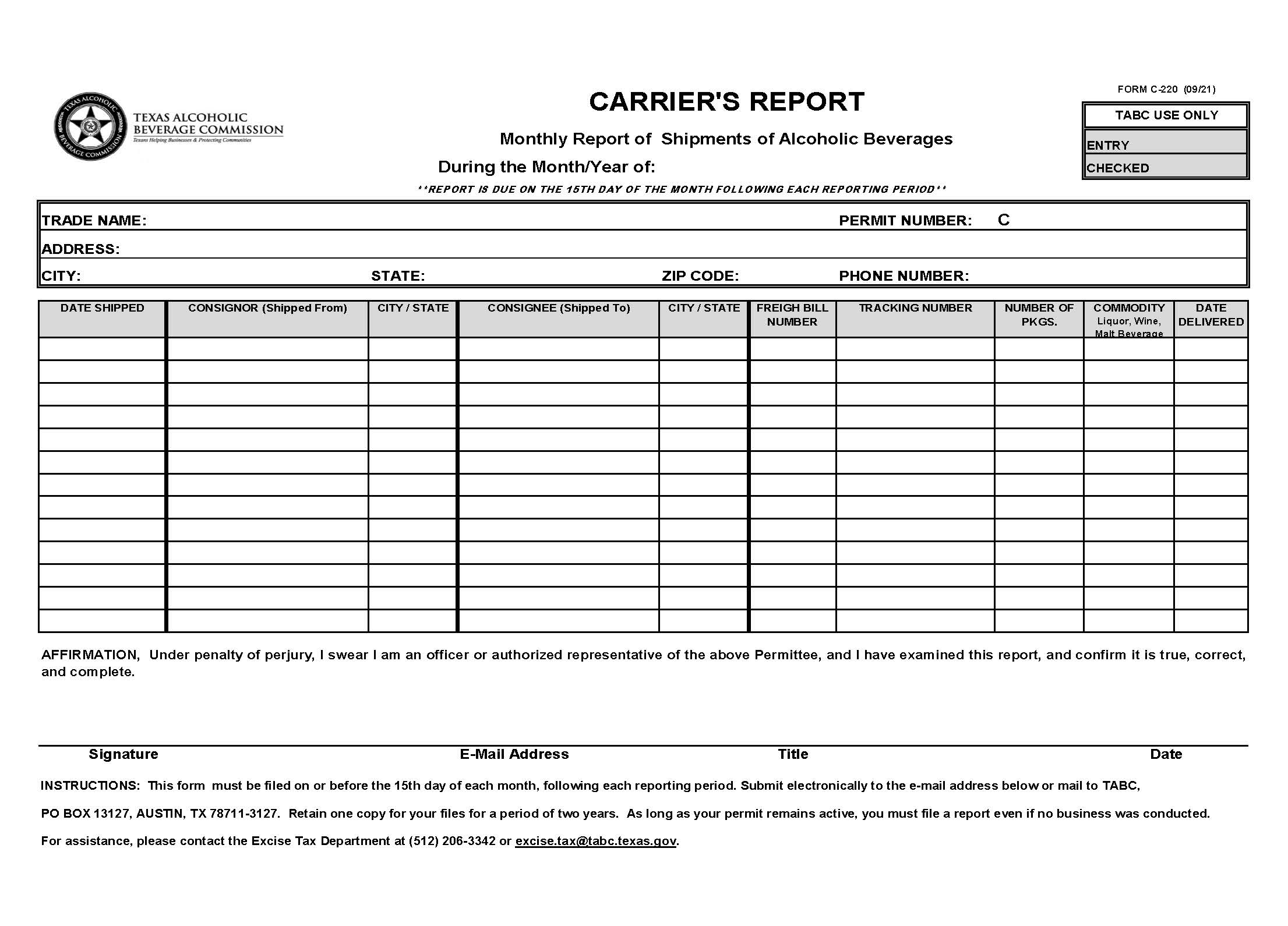 Carriers Report {C-220} | Pdf Fpdf Docx | Texas