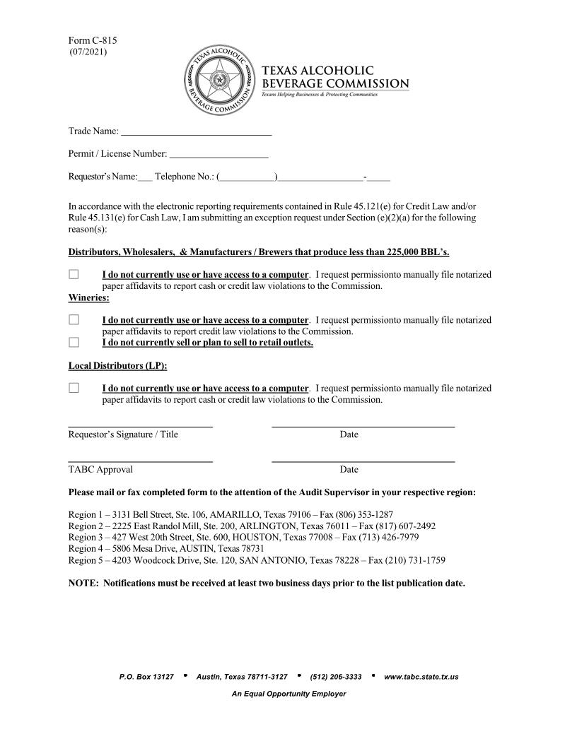 Cash Credit Law Exception Request {C-815} | Pdf Fpdf Doc Docx | Texas