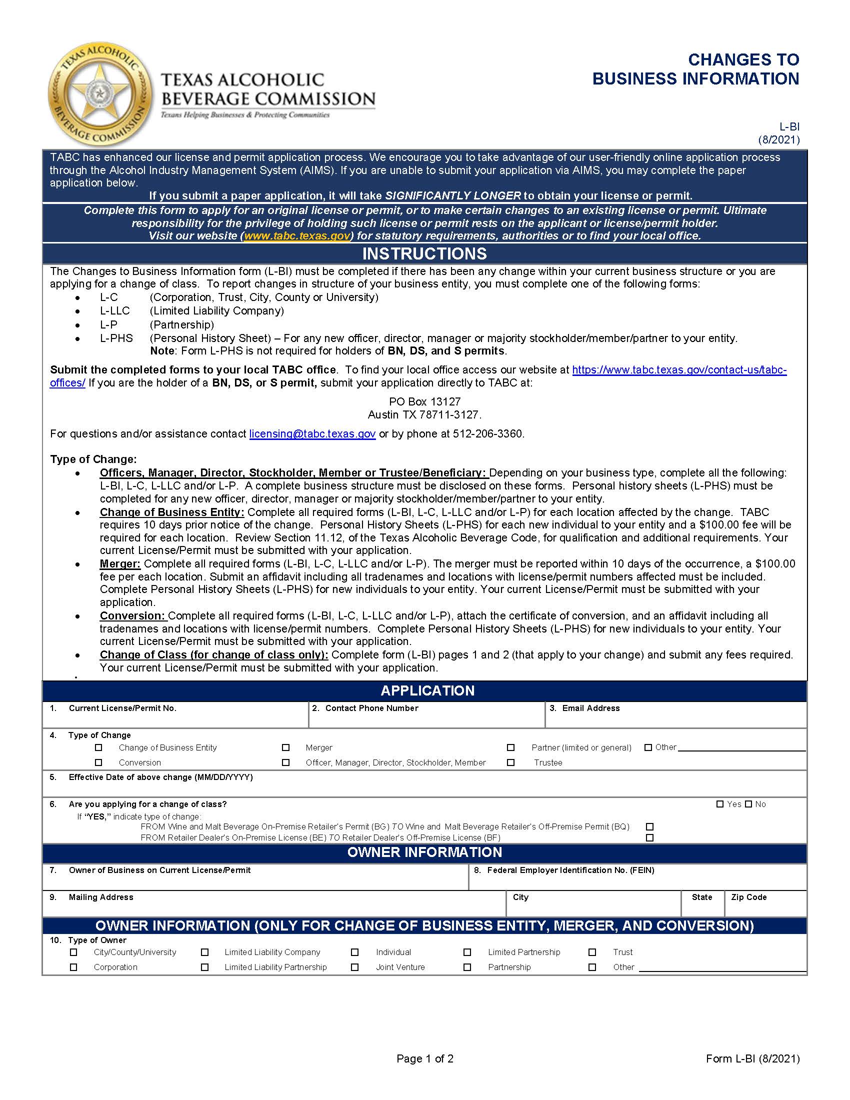 Changes To Business Information {L-BI} | Pdf Fpdf Docx | Texas