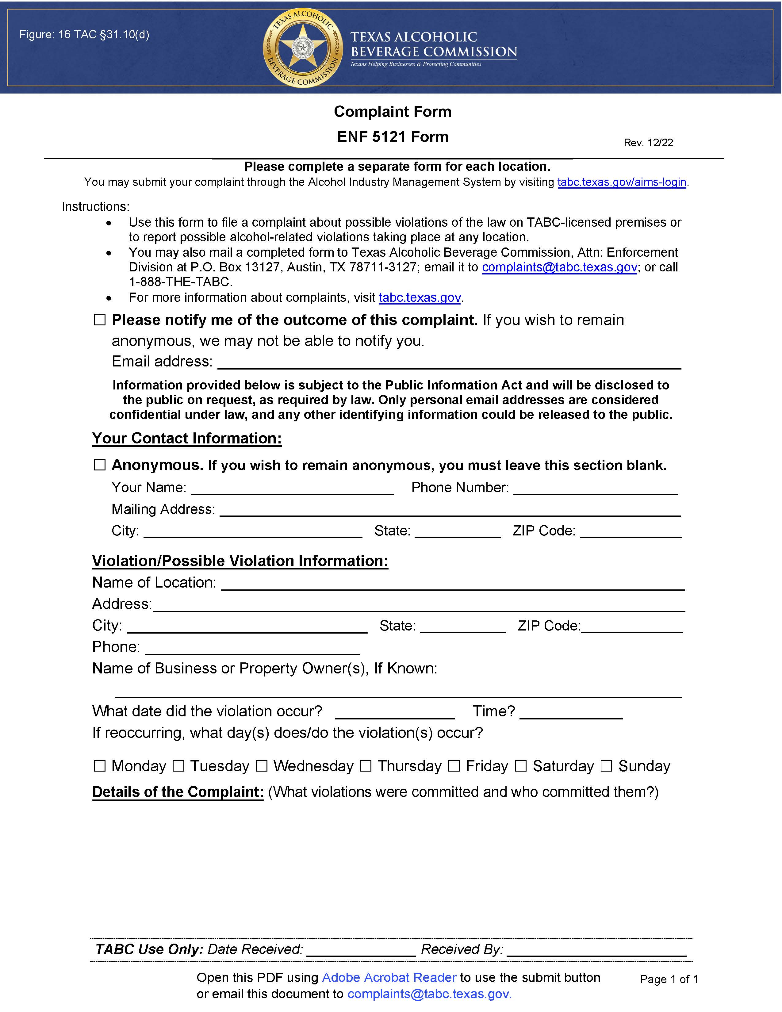 Complaint Form {ENF-5121} | Pdf Fpdf Docx | Texas