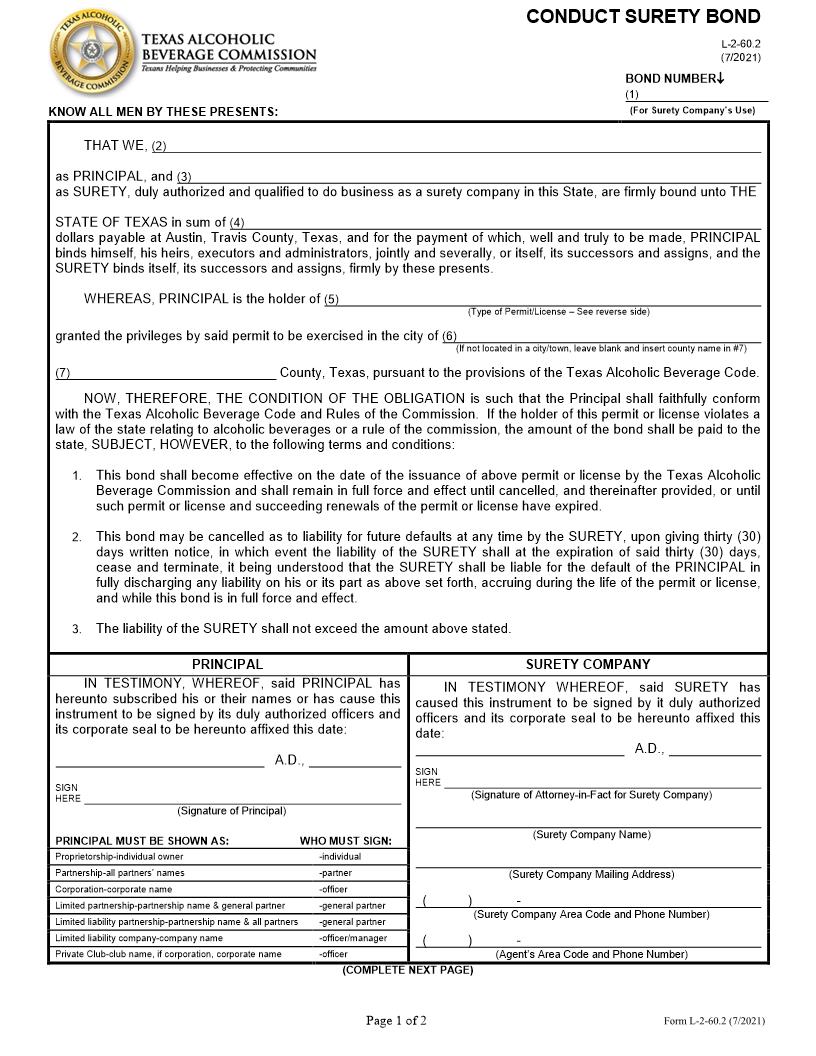 Conduct Surety Bond {2-60.2} | Pdf Fpdf Docx | Texas