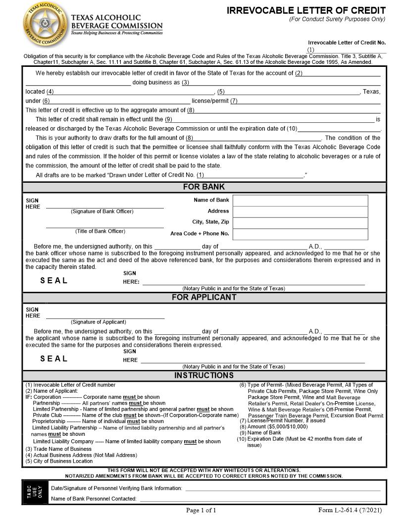 Irrevocable Letter Of Credit (For Conduct Surety Purposes Only) {2-61.4} | Pdf Fpdf Docx | Texas