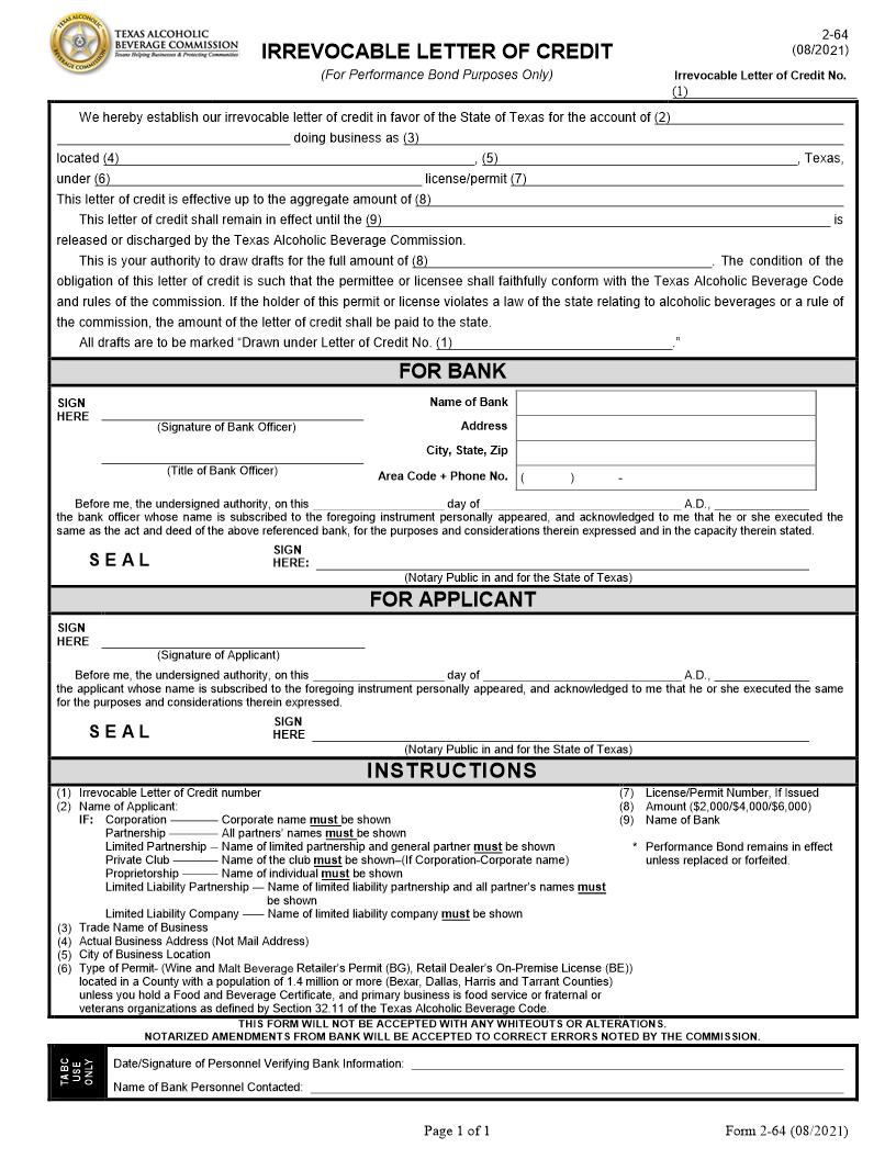 Irrevocable Letter Of Credit (For Performance Bond Purposes Only) {2-64} | Pdf Fpdf Docx | Texas