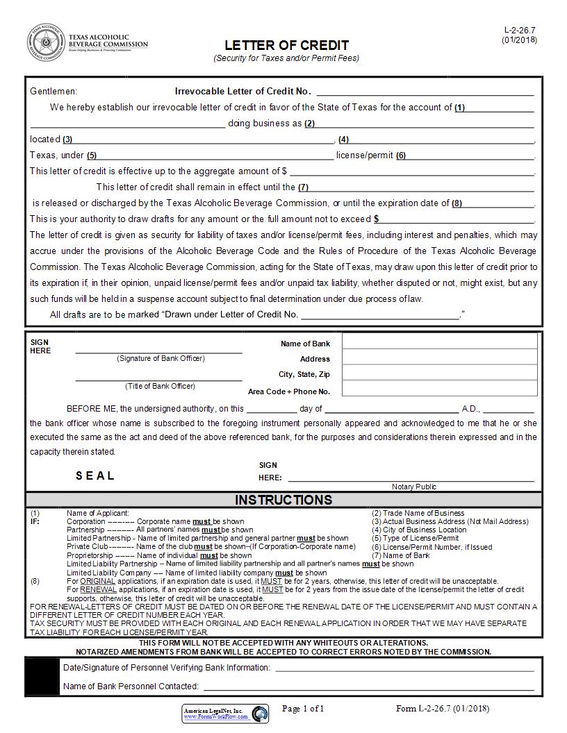 Letter Of Credit {2-26.7} | Pdf Fpdf Docx | Texas