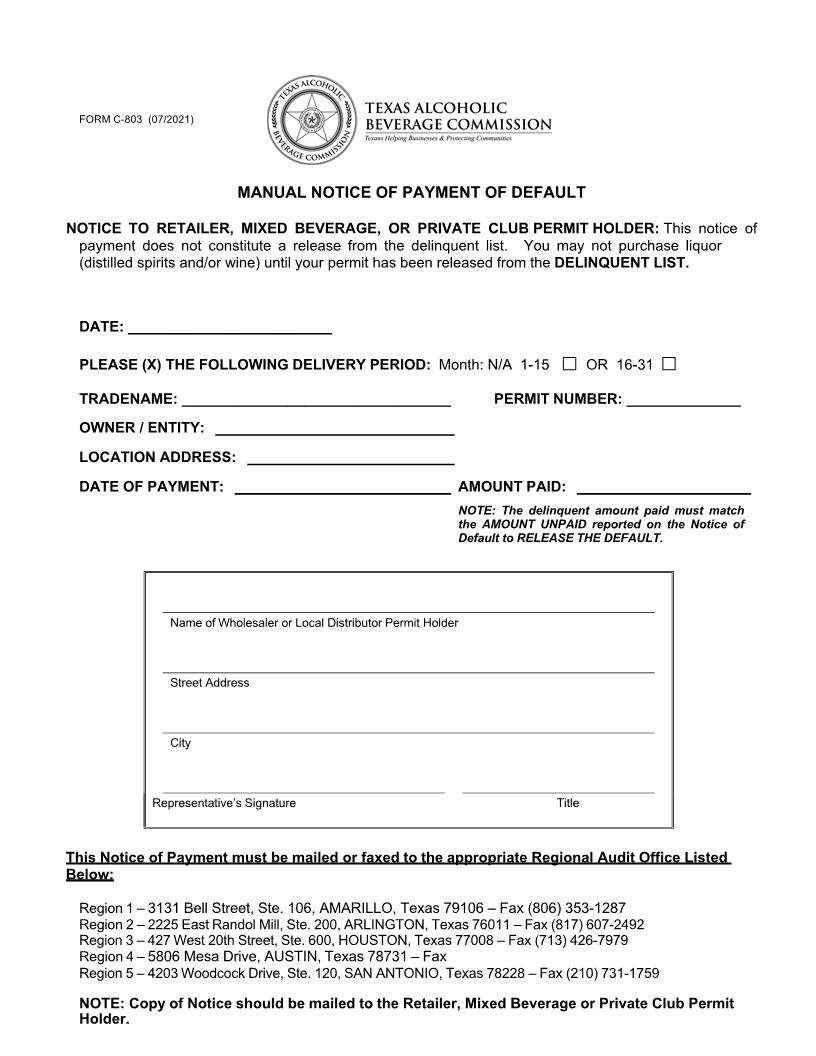 Manual Notice Of Payment Of Default {C-803M} | Pdf Fpdf Docx | Texas