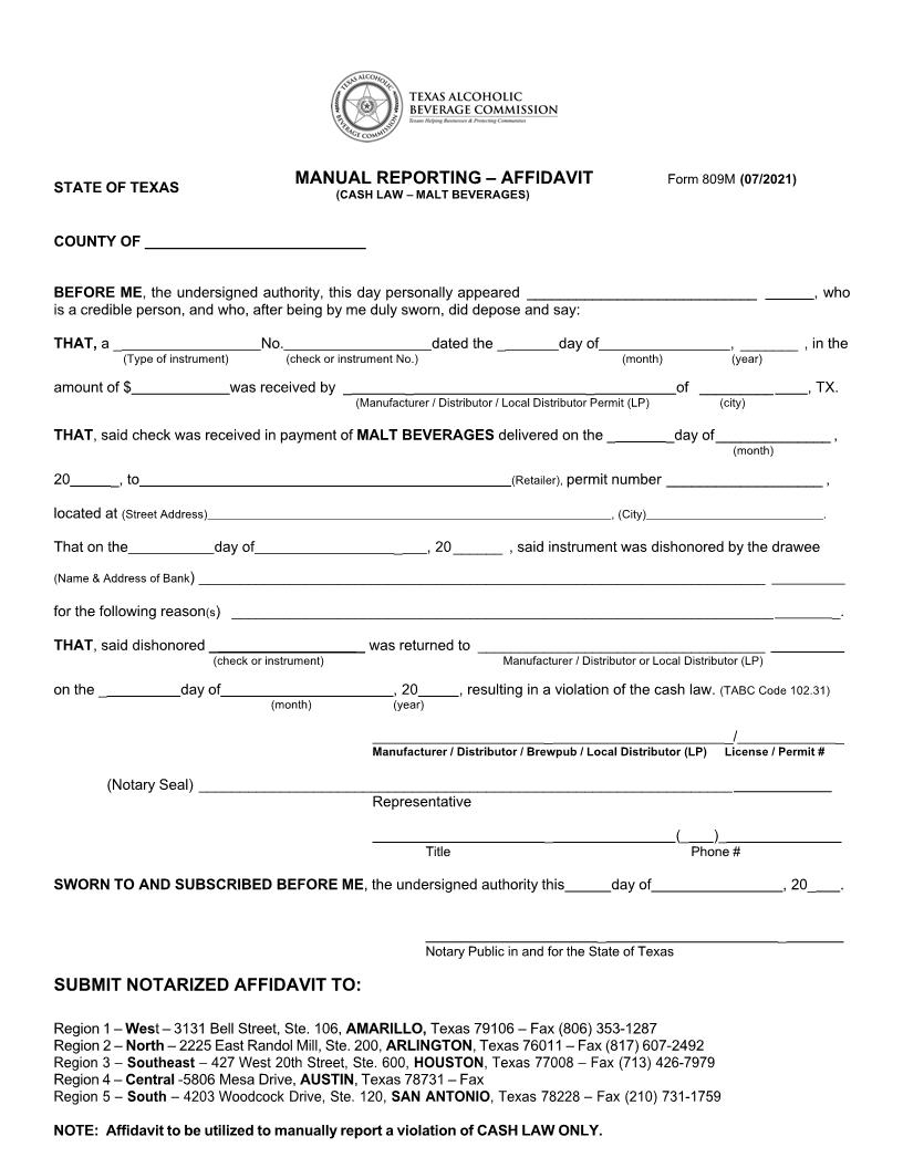 Manual Reporting Affidavit (Cash Law - Malt Beverages) {C-809M} | Pdf Fpdf Docx | Texas