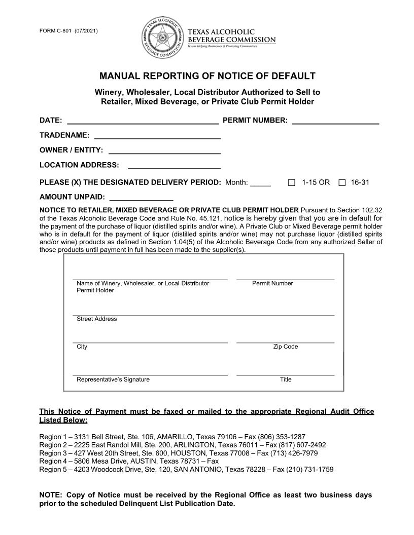 Manual Reporting Of Notice Of Default {C-801M} | Pdf Fpdf Doc Docx | Texas