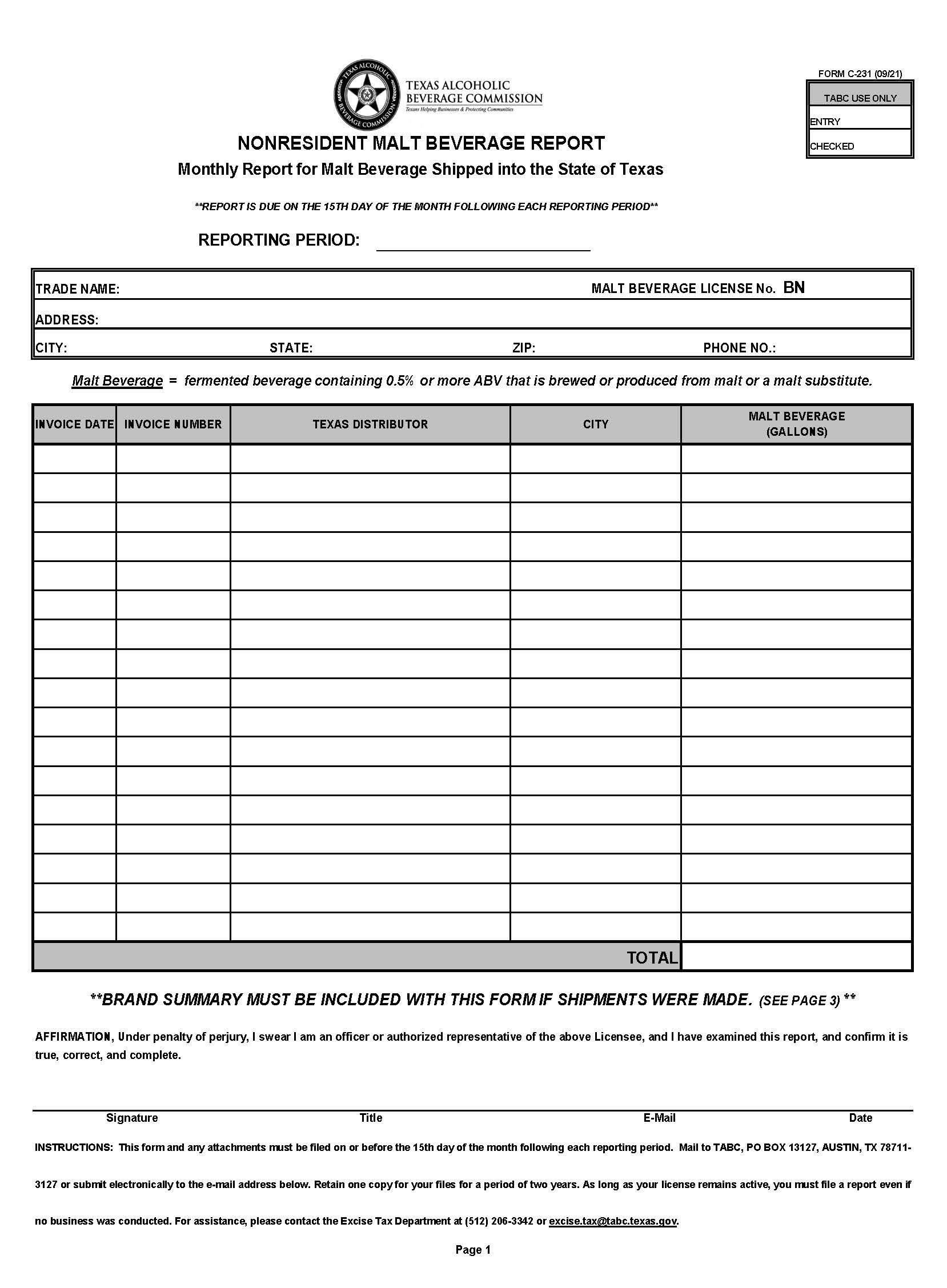 Nonresident Malt Beverage Report {C-231} | Pdf Fpdf Docx | Texas