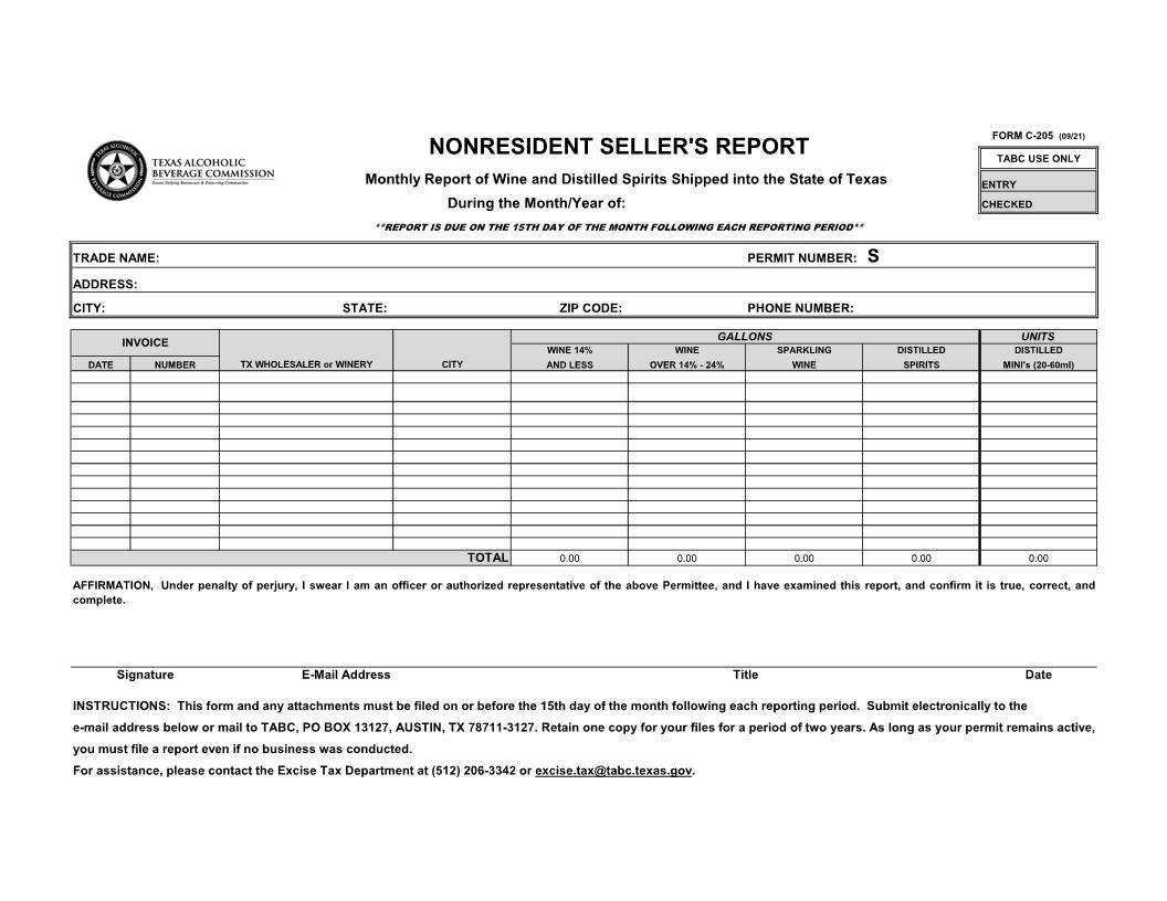 Nonresident Sellers Report {C-205} | Pdf Fpdf Docx | Texas