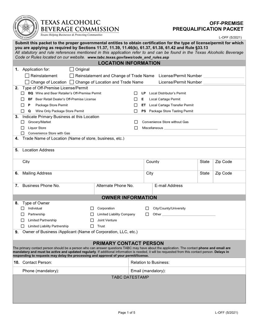 Off-Premise Prequalification Packet {L-OFF} | Pdf Fpdf Docx | Texas