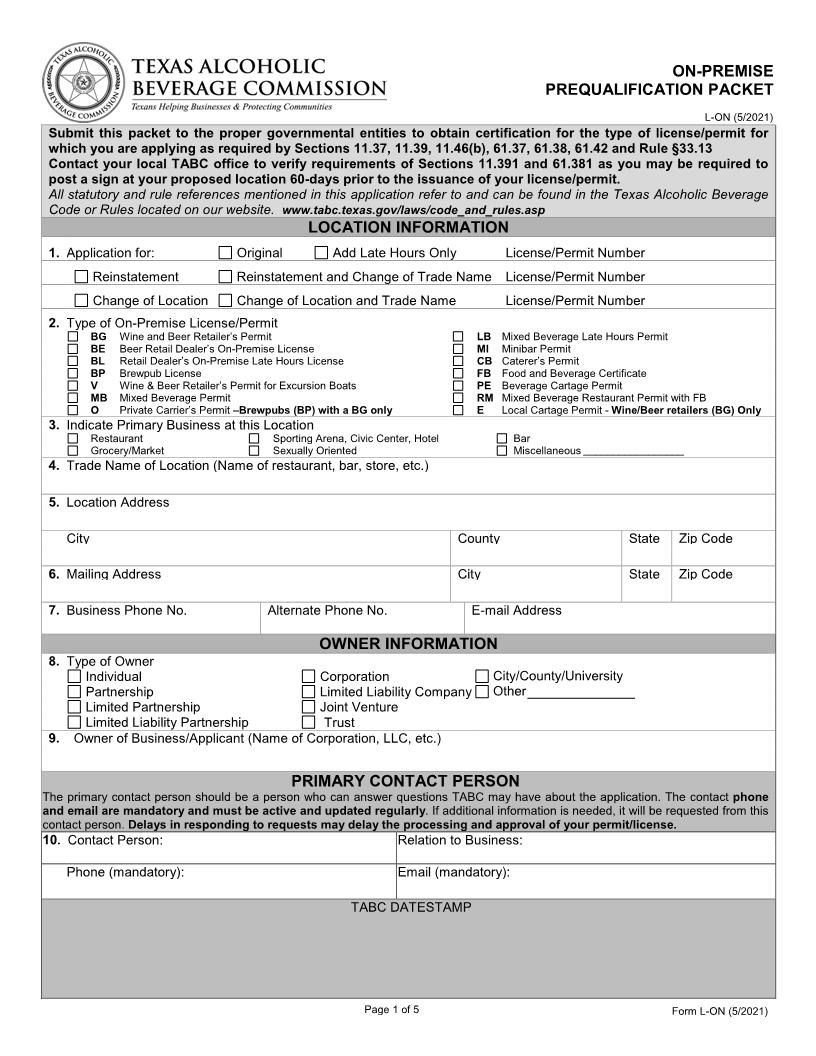 On-Premise Prequalification Packet {L-ON} | Pdf Fpdf Docx | Texas