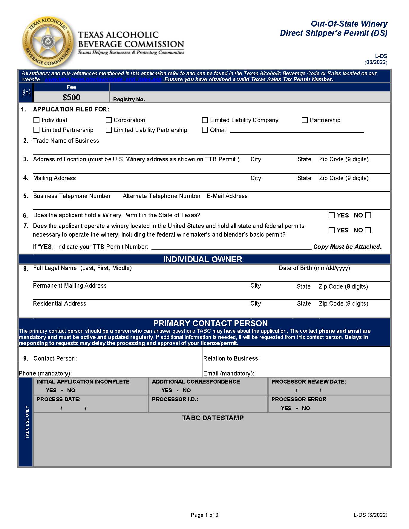Out-Of-State Winery Direct Shipper Permit Renewal {DS} | Pdf Fpdf Doc Docx | Texas