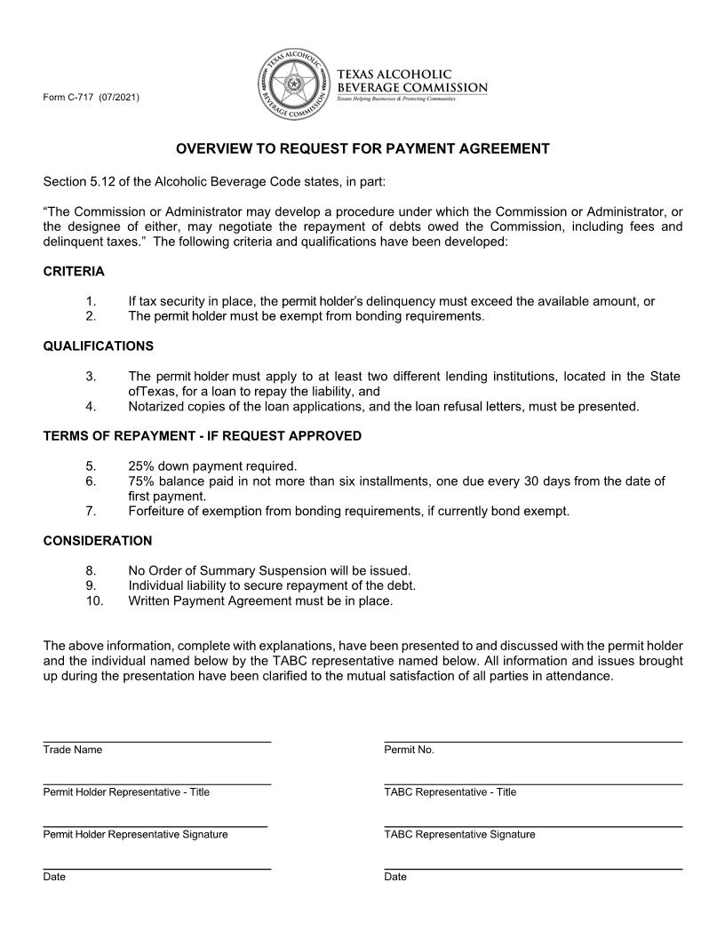 Overview To Request For Payment Agreement {C-717} | Pdf Fpdf Doc Docx | Texas