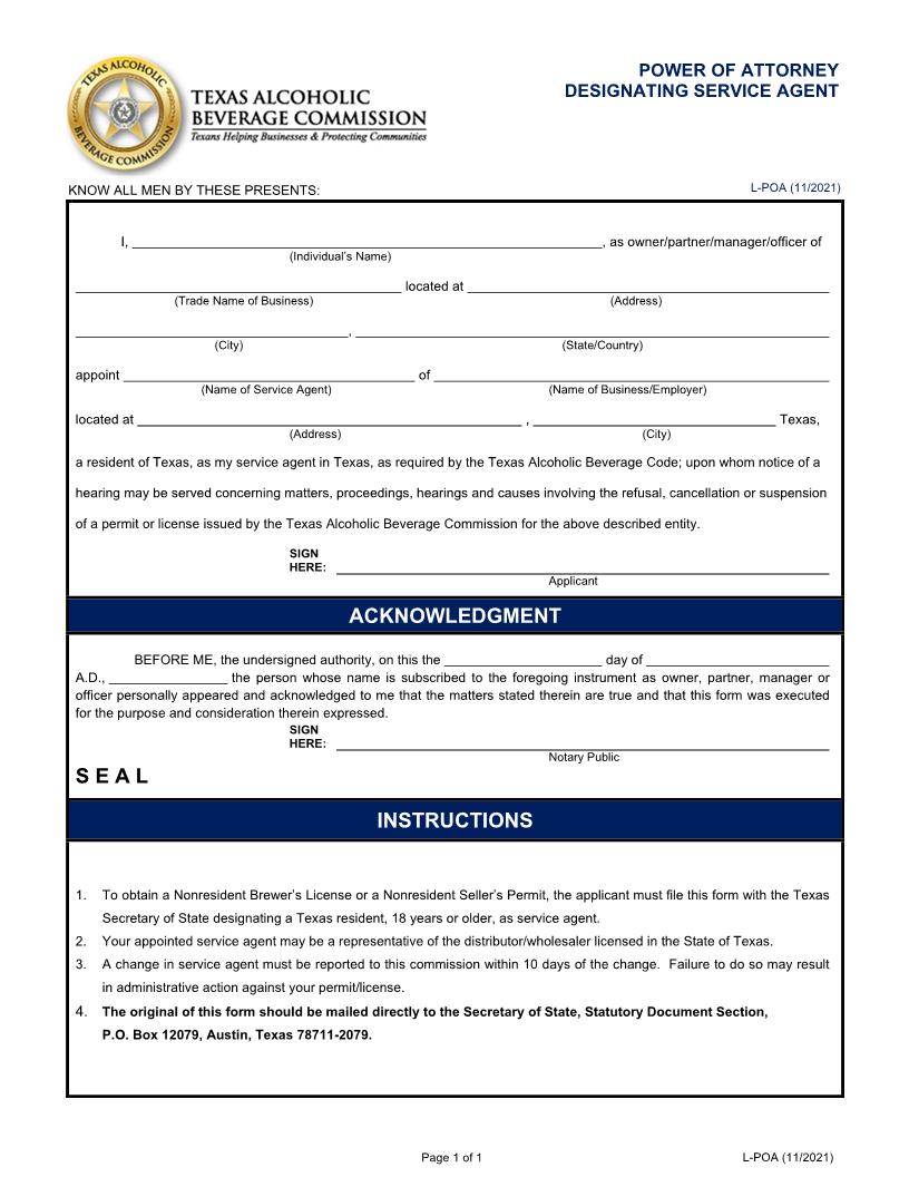Power Of Attorney Designating Service Agent {L-POA} | Pdf Fpdf Docx | Texas