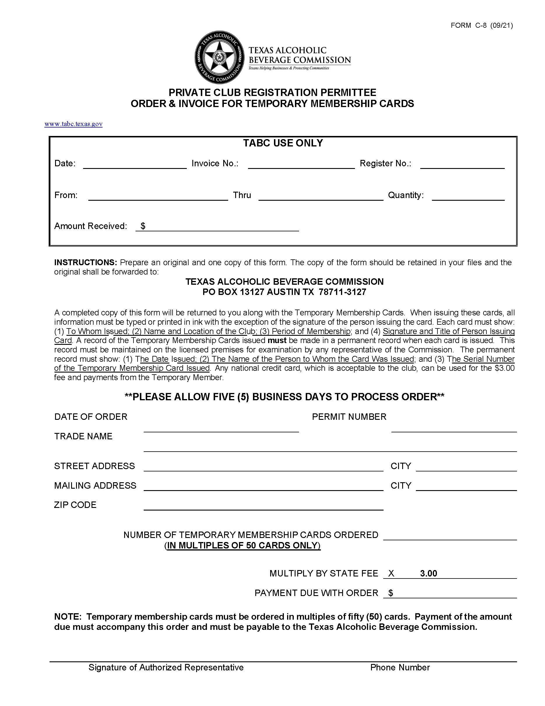 Private Club Registration Permittee Order And Invoice For Temporary Membership Cards {C-8} | Pdf Fpdf Docx | Texas