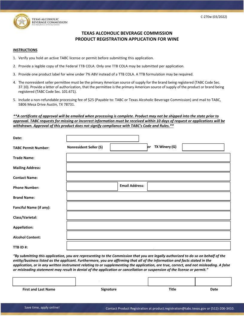 Product Registration Application For Wine {C-270w} | Pdf Fpdf Docx | Texas
