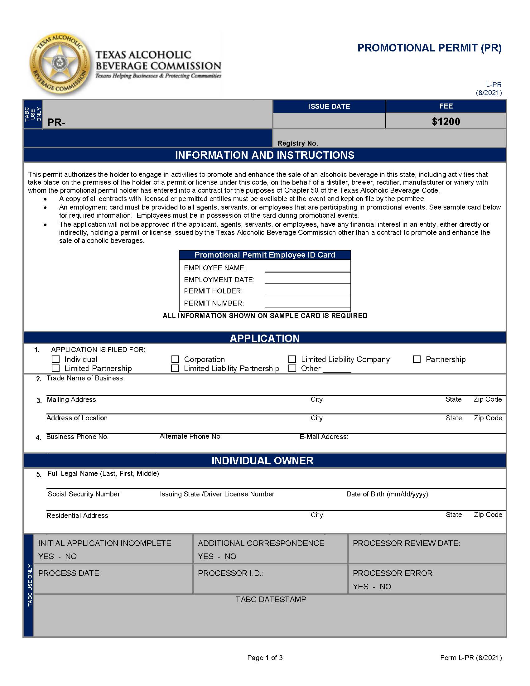 Promotional Permit {L-PR} | Pdf Fpdf Docx | Texas