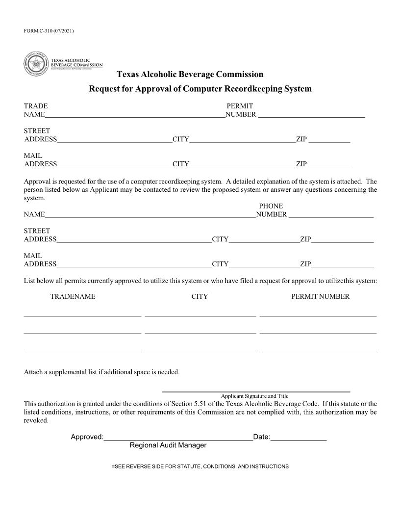 Request For Approval Of Computer Bookkeeping System {C-310} | Pdf Fpdf Docx | Texas