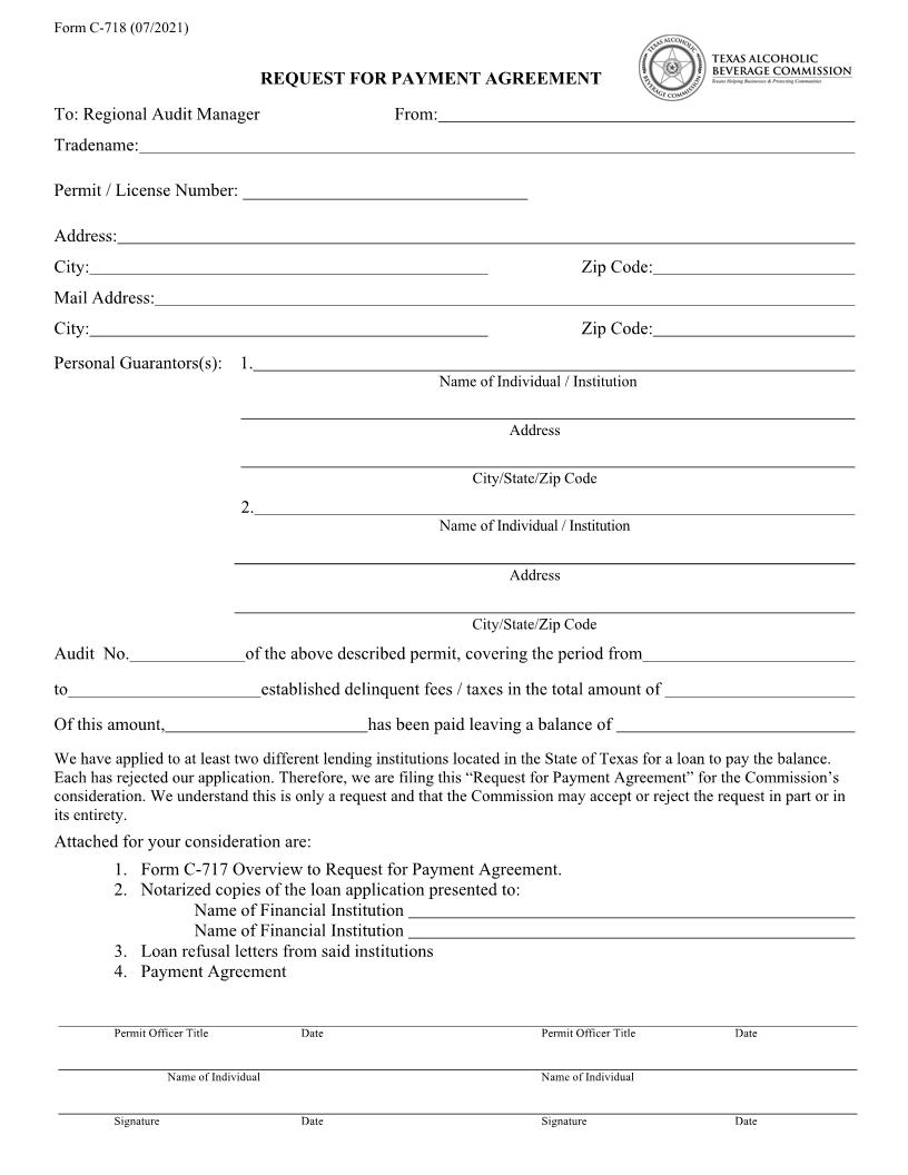 Request For Payment Agreement {C-718} | Pdf Fpdf Doc Docx | Texas