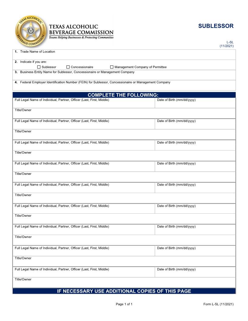 Sublessor {L-SL} | Pdf Fpdf Docx | Texas