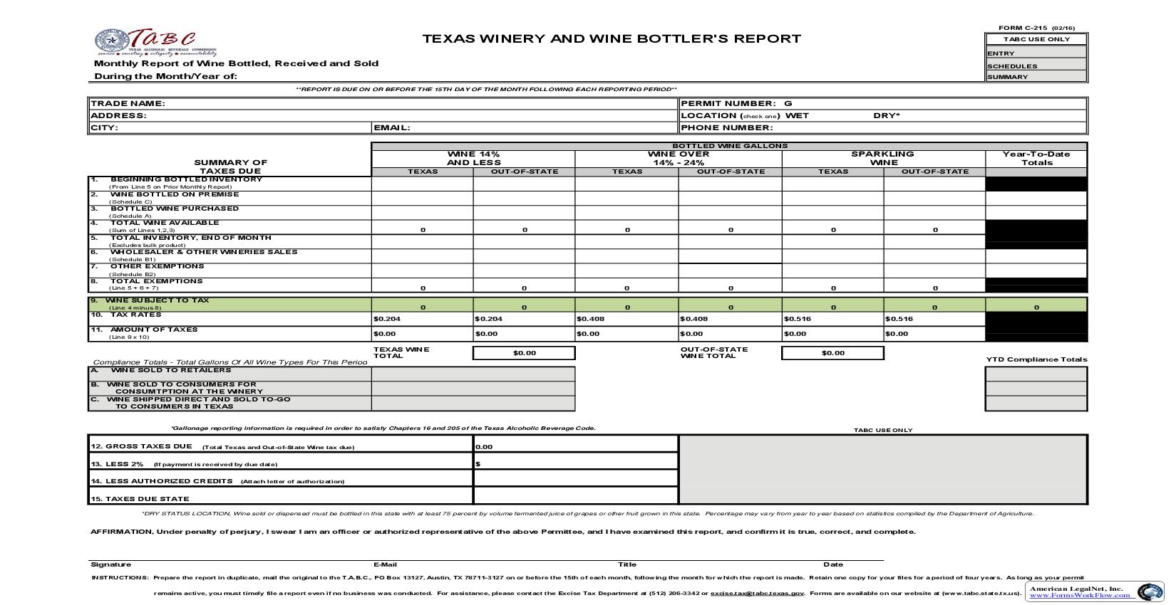 Texas Winery And Wine Bottlers Report {C-215} |  | Texas