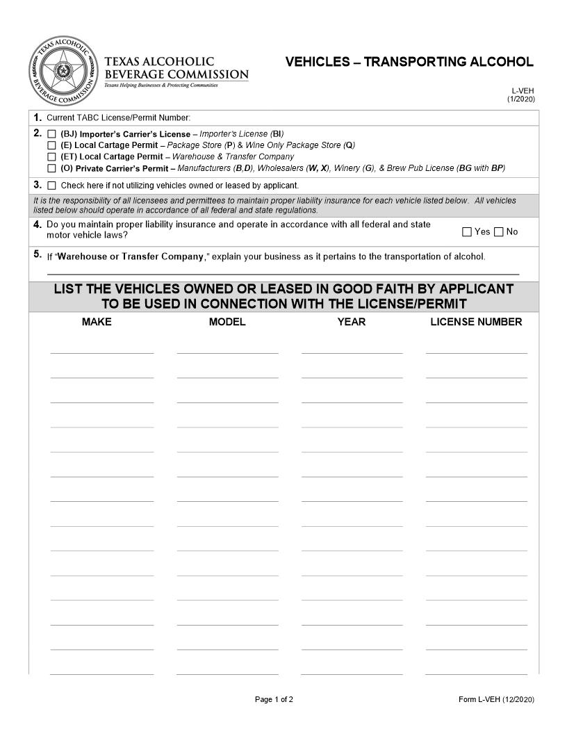 Vehicles Transporting Alcohol {L-VEH} | Pdf Fpdf Docx | Texas