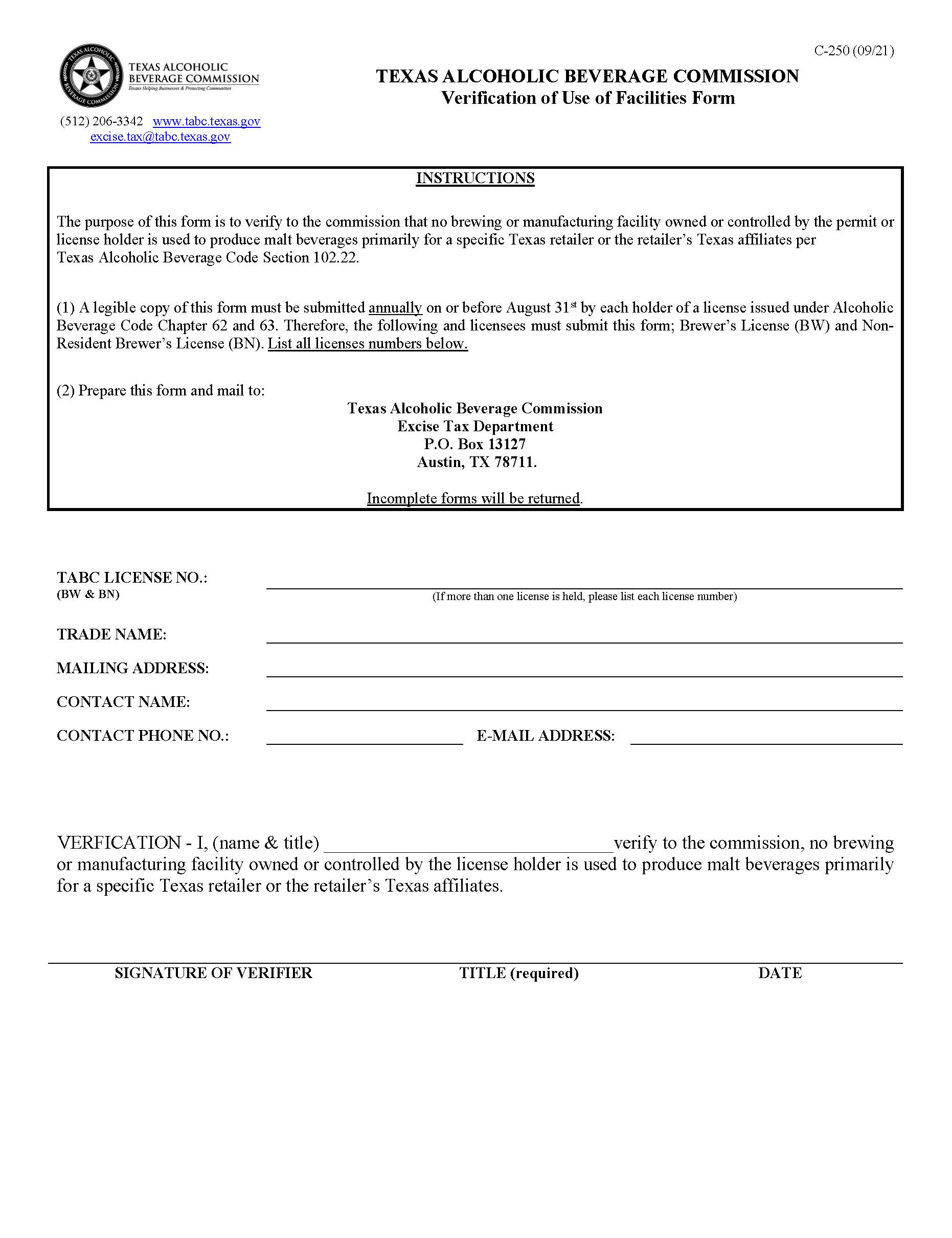 Verification Of Use Of Facilities Form {C-250} | Pdf Fpdf Docx | Texas