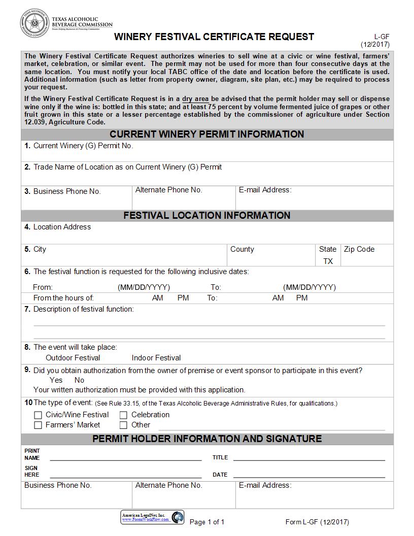 Winery Festival Certificate Request {L-GF} | Pdf Fpdf Docx | Texas