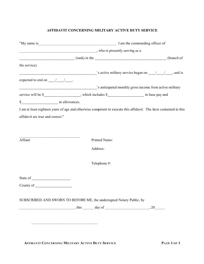 Affidavit Concerning Military Active Duty Service | Pdf Fpdf Docx | Texas