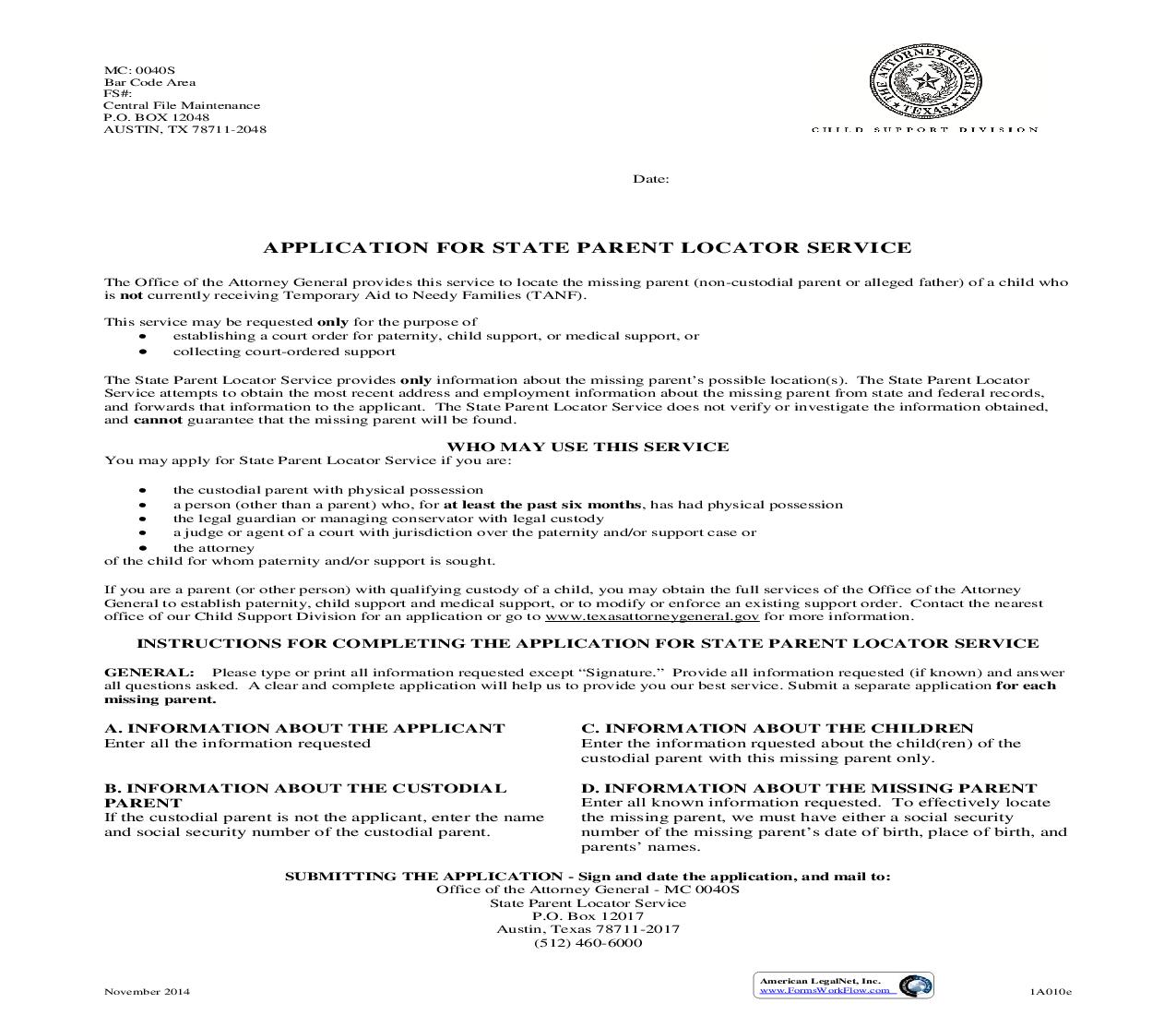 Application For State Parent Locator Service {1A010e} | Pdf Fpdf Doc Docx | Texas