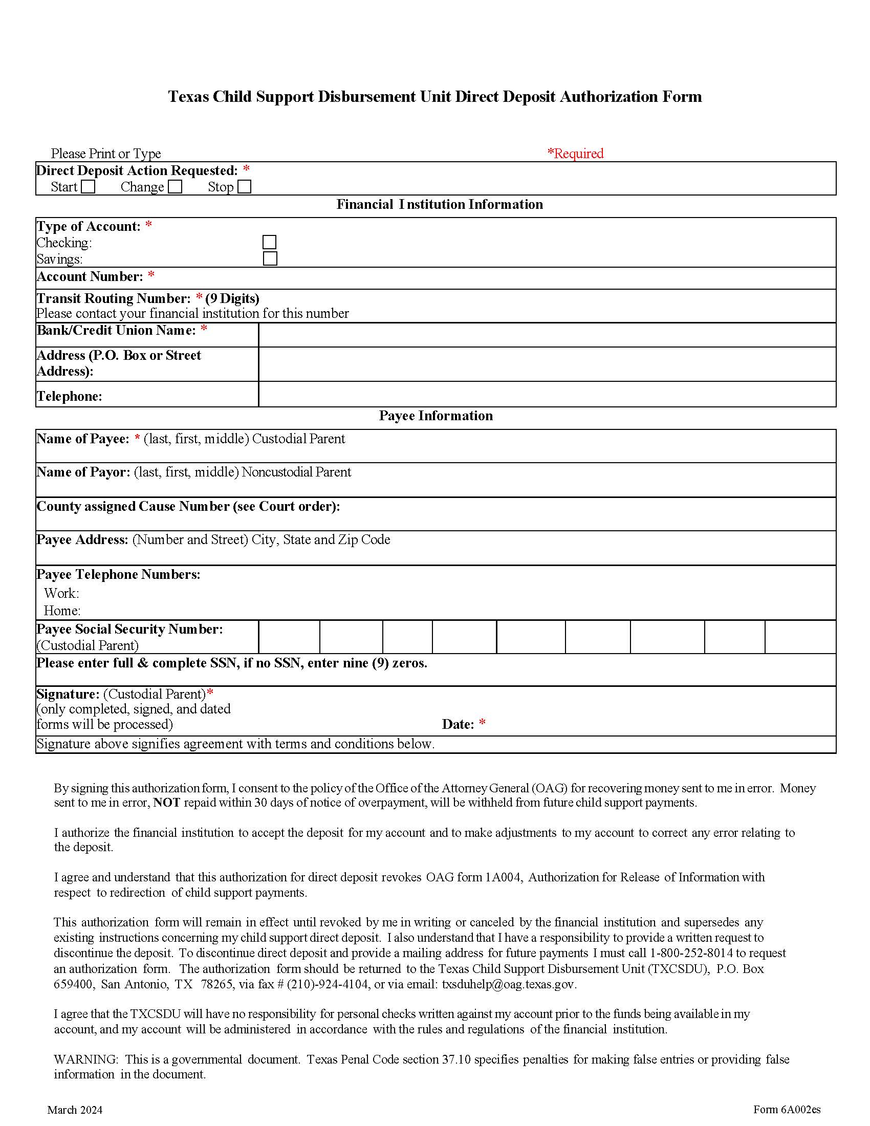 Direct Deposit Authorization Form | Pdf Fpdf Doc Docx | Texas