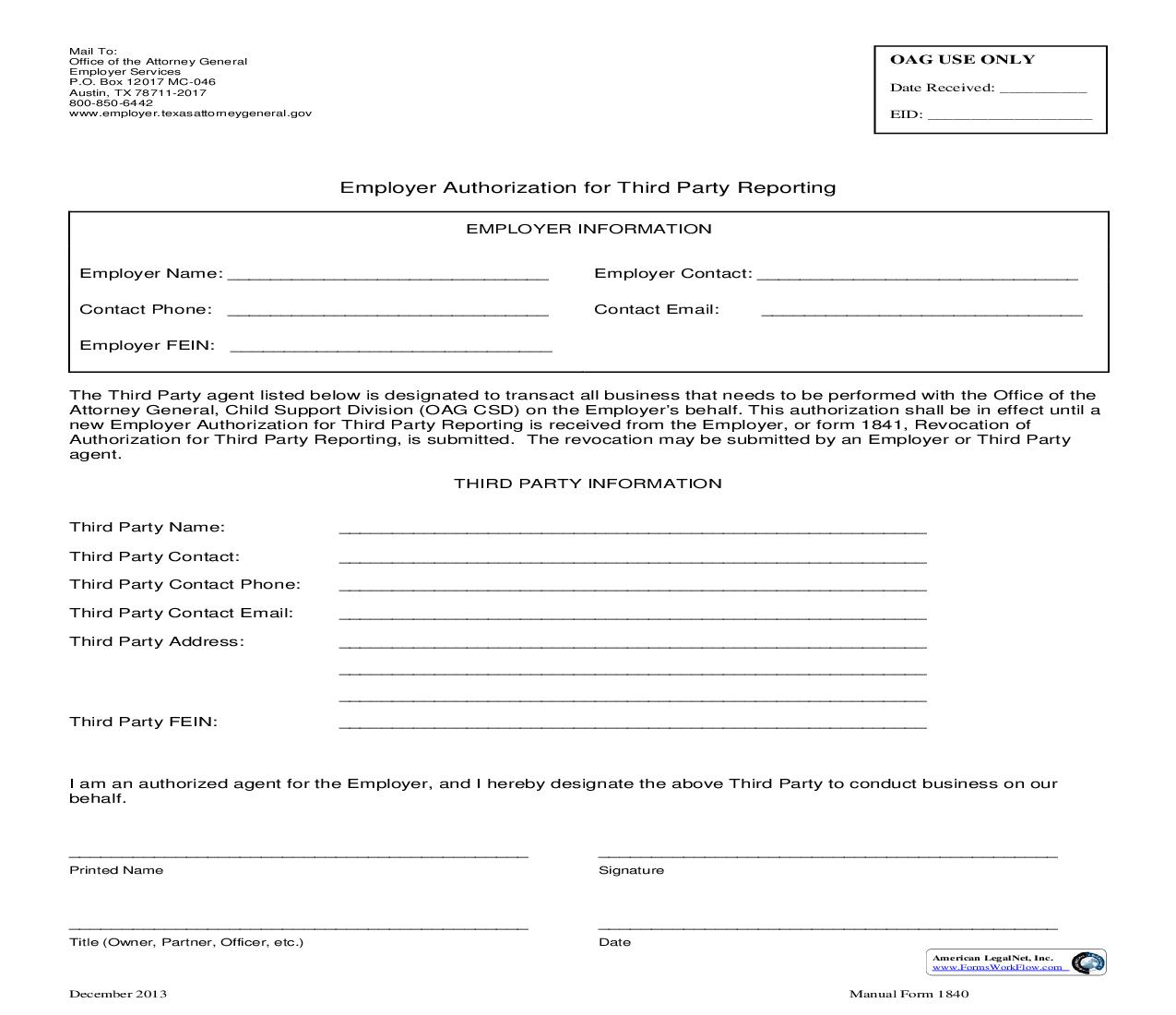 Employer Authorization For Third Party Reporting {1840} | Pdf Fpdf Doc Docx | Texas
