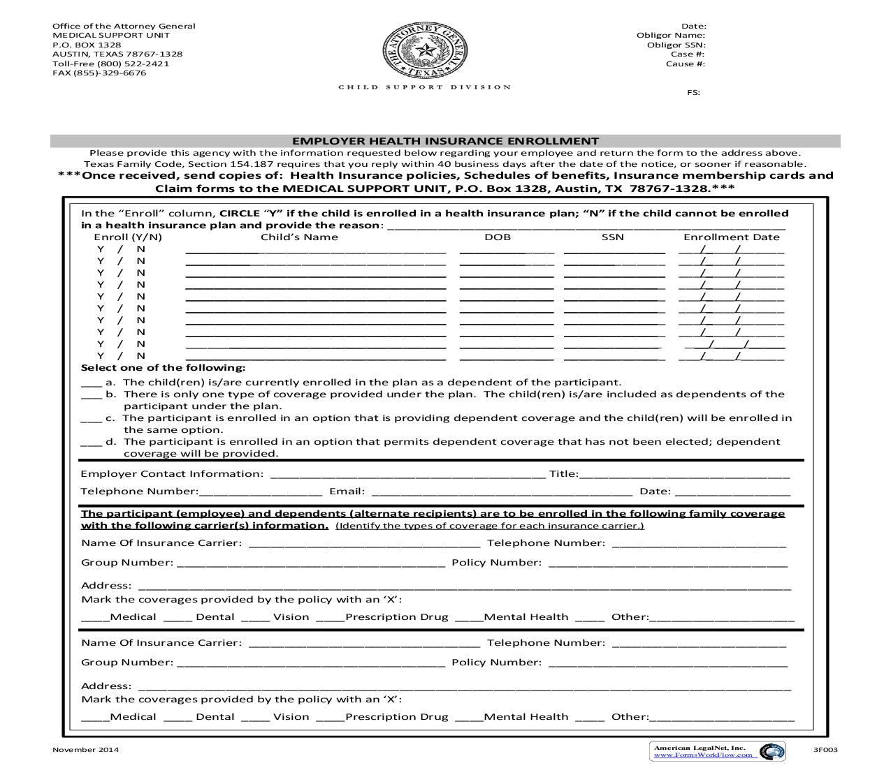 Employer Health Insurance Enrollment {3F003} | Pdf Fpdf Doc Docx | Texas