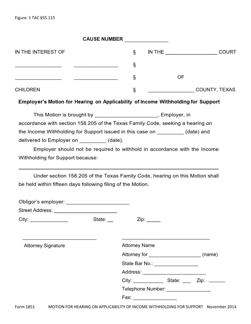 Employers Motion For Hearing On Applicability Of Income Withholding Support | Pdf Fpdf Docx | Texas
